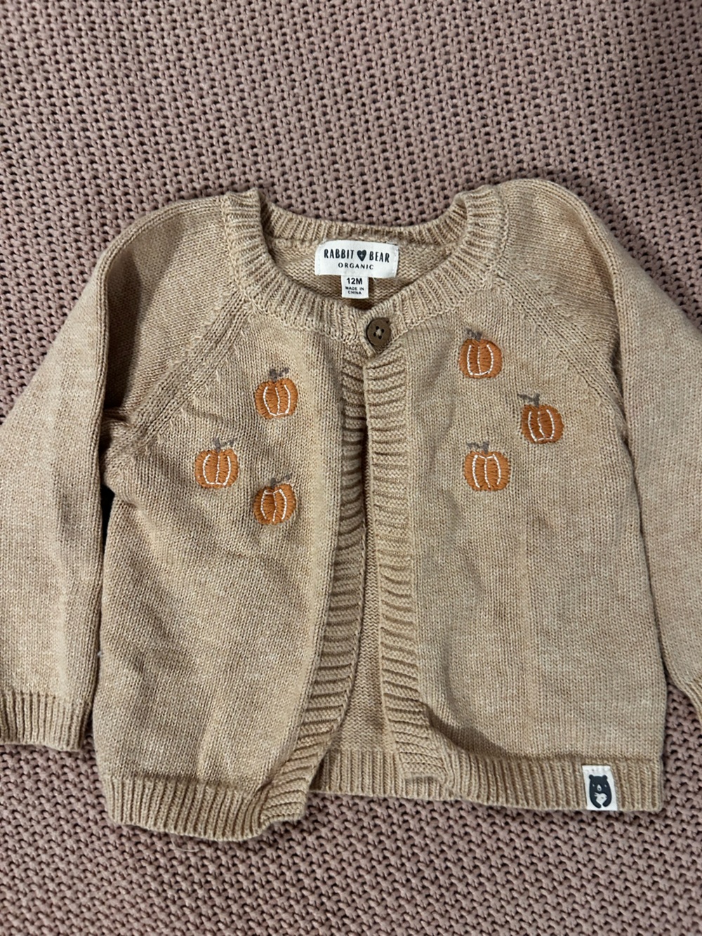 Rabbit + Bear Organic Baby Cardigan 12M Tan Pumpkin Embroidered Knit Sweater